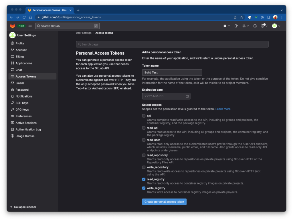 Create a Personal Access Token to push your Docker Images to the GitLab Container Registry